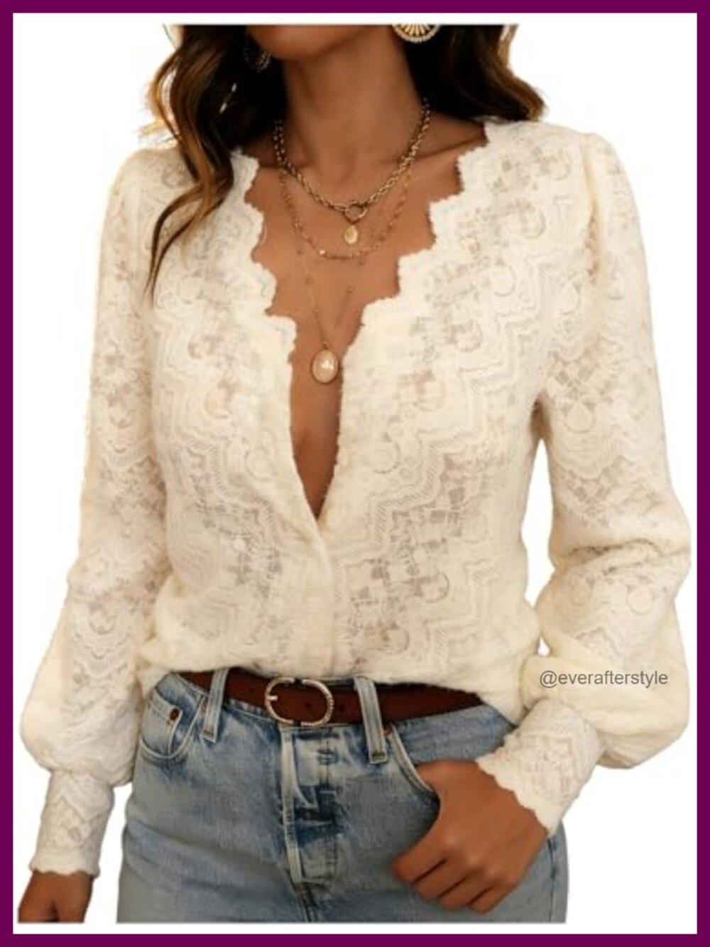Lace Button Up Shirt Boho Peasant Blouse Long Sleeve Floral
